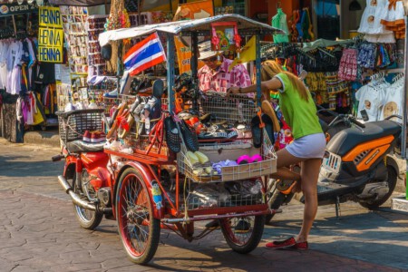 Street scene at Khaosan Road, Bangkok, Thailand.
