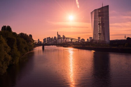 Frankfurt skyline at sunset with the European Central Bank (ECB), pictured on the right.